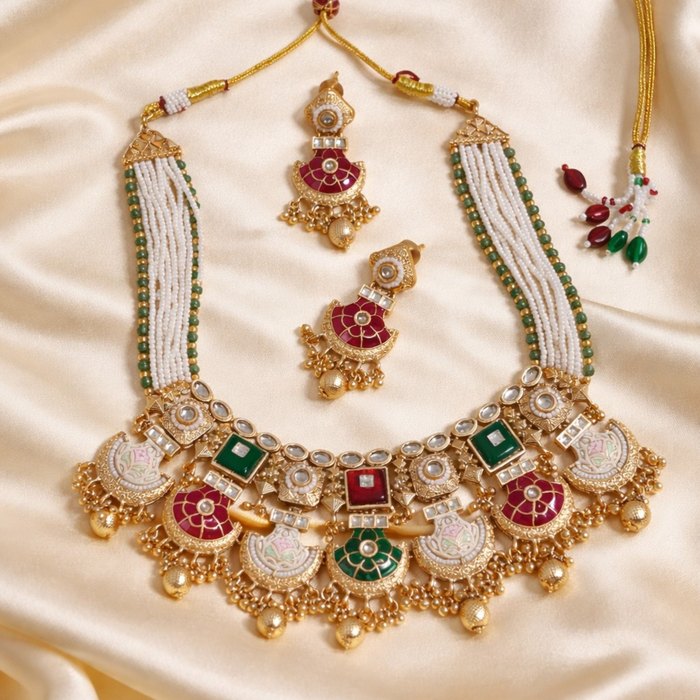Aroopa Royal Kundan Meenakari Statement Necklace Set with Earrings