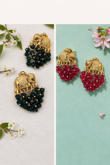 2 Pair Combo Set - Elephant Design Beads Earrings