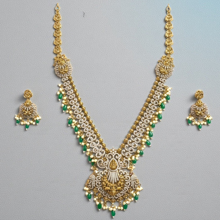 Aroopa CZ Gold Plated Bridal Necklace Set with Green Beads