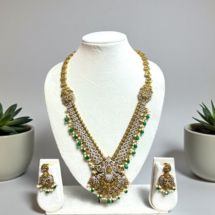 Aroopa CZ Gold Plated Bridal Necklace Set with Green Beads