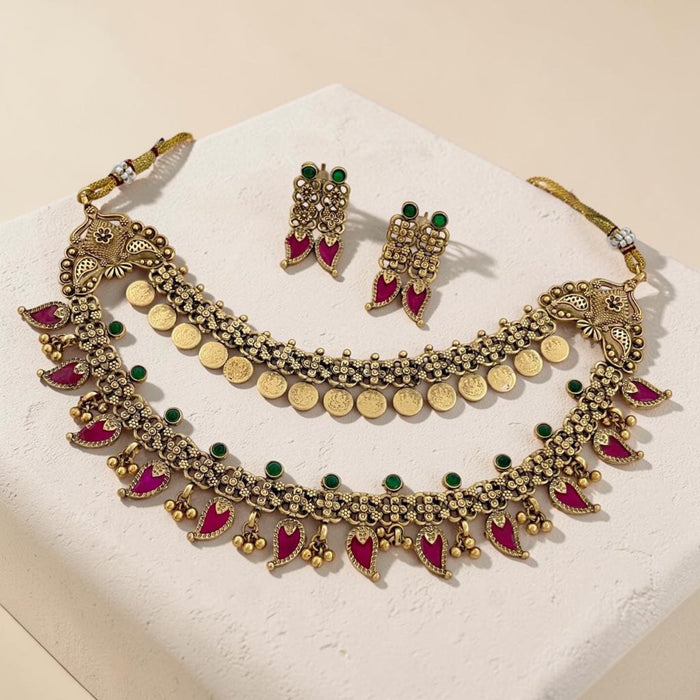 Aroopa Antique Temple Coin Necklace with Green Leaf Drops & Ruby Beads
