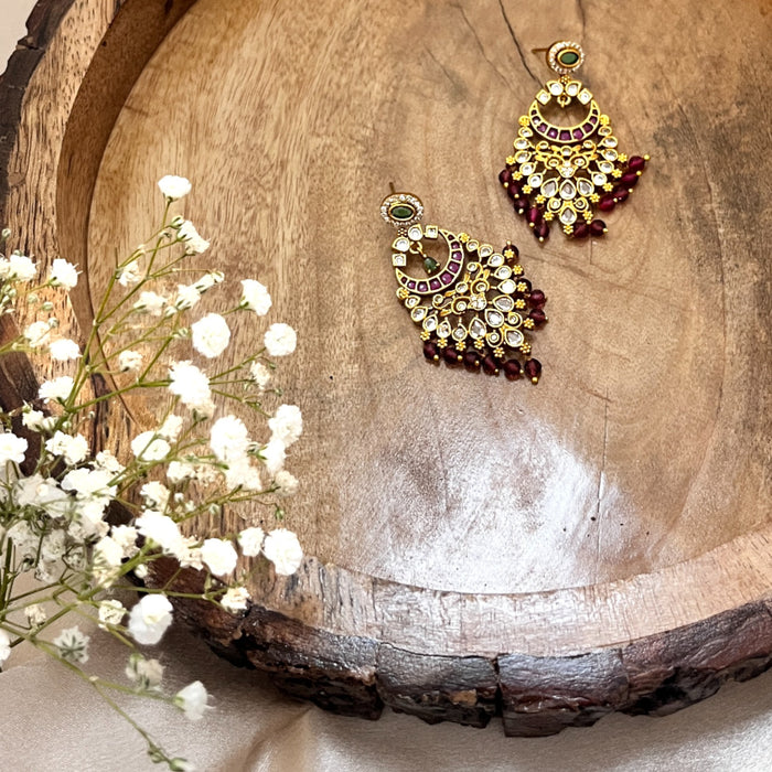 Traditional Chandbali Earrings with Kundan, Ruby, and Pearl Drops