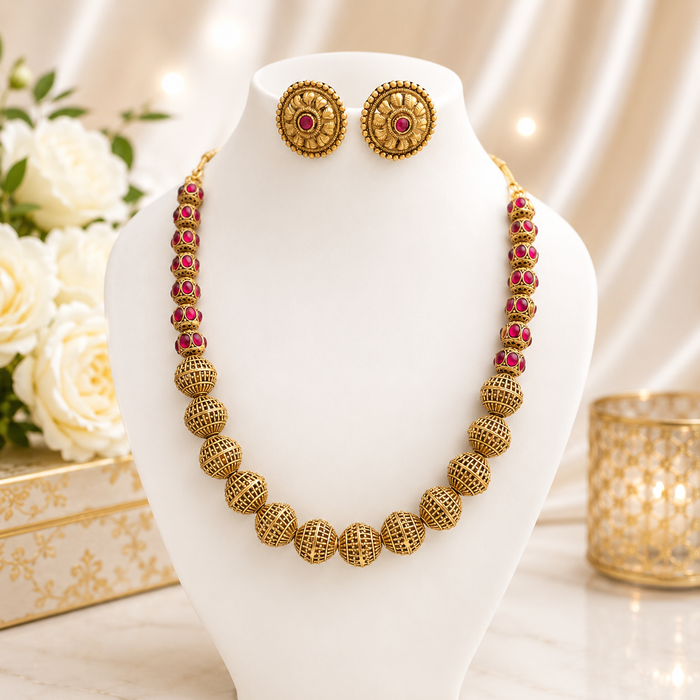 Antique Gold Bead Necklace Set with Green & Ruby Stone Accents