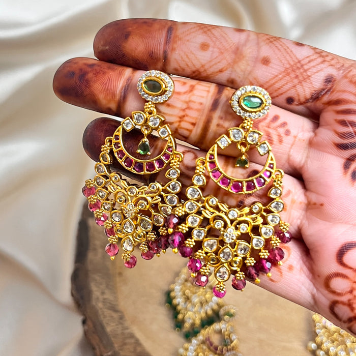 Traditional Chandbali Earrings with Kundan, Ruby, and Pearl Drops