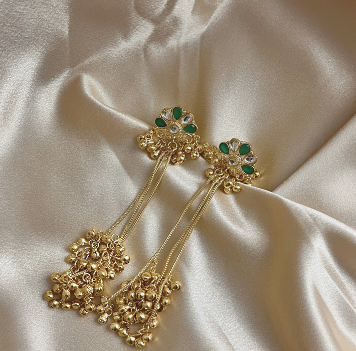 Aroopa Gold Finish Green Kundan Long Tassel Earrings for Women