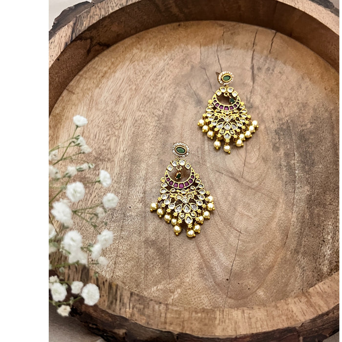 Traditional Chandbali Earrings with Kundan, Ruby, and Pearl Drops
