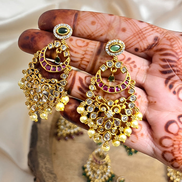 Traditional Chandbali Earrings with Kundan, Ruby, and Pearl Drops