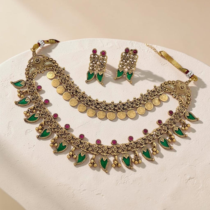 Aroopa Antique Temple Coin Necklace with Green Leaf Drops & Ruby Beads