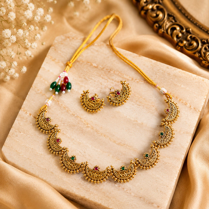Aroopa Antique Half moon charm Necklace Set with Ruby & Emerald Accents