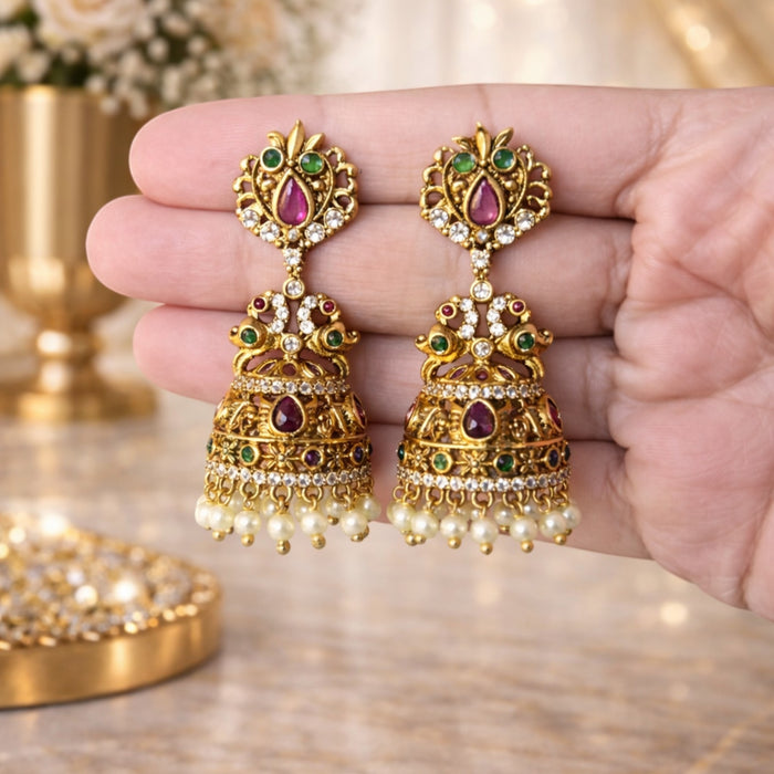 Aroopa Heritage Peacock Kundan Jhumka Earrings with Pearl Drops