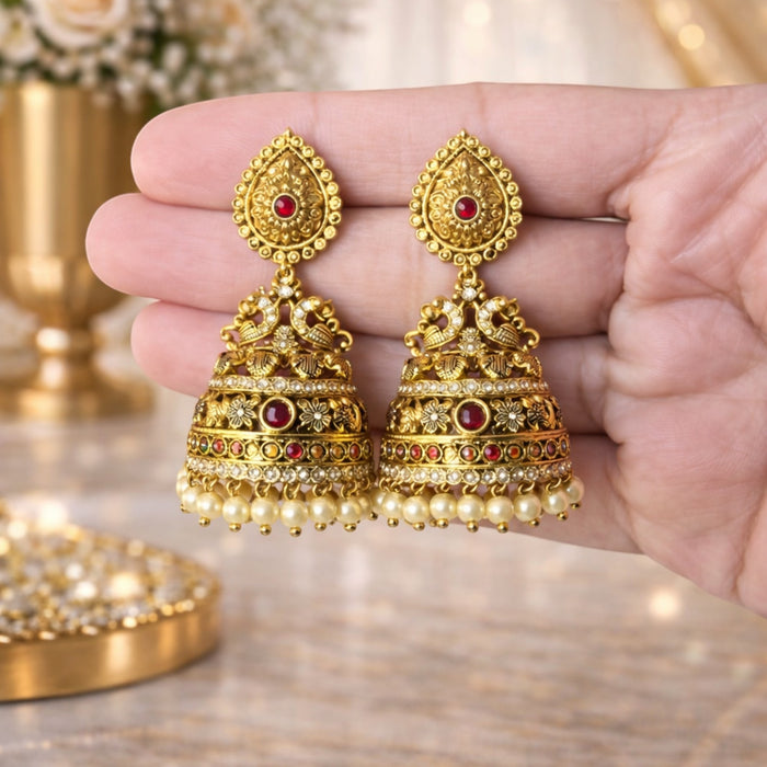 Aroopa Royal Temple Jhumka Earrings with Pearl Drops