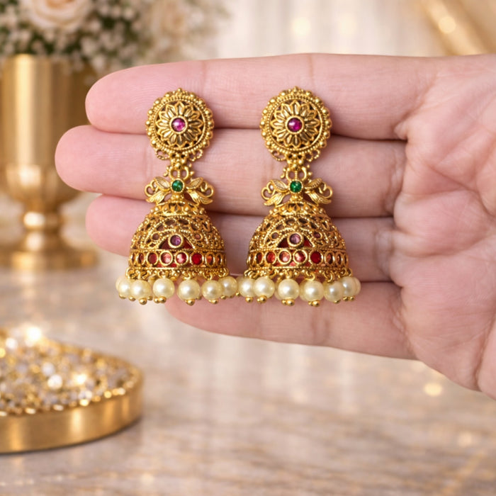 Aroopa Classic Pearl Temple Jhumka Earrings